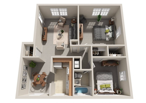 Floor plan for 2 beds, 1 bath, 862 sqft